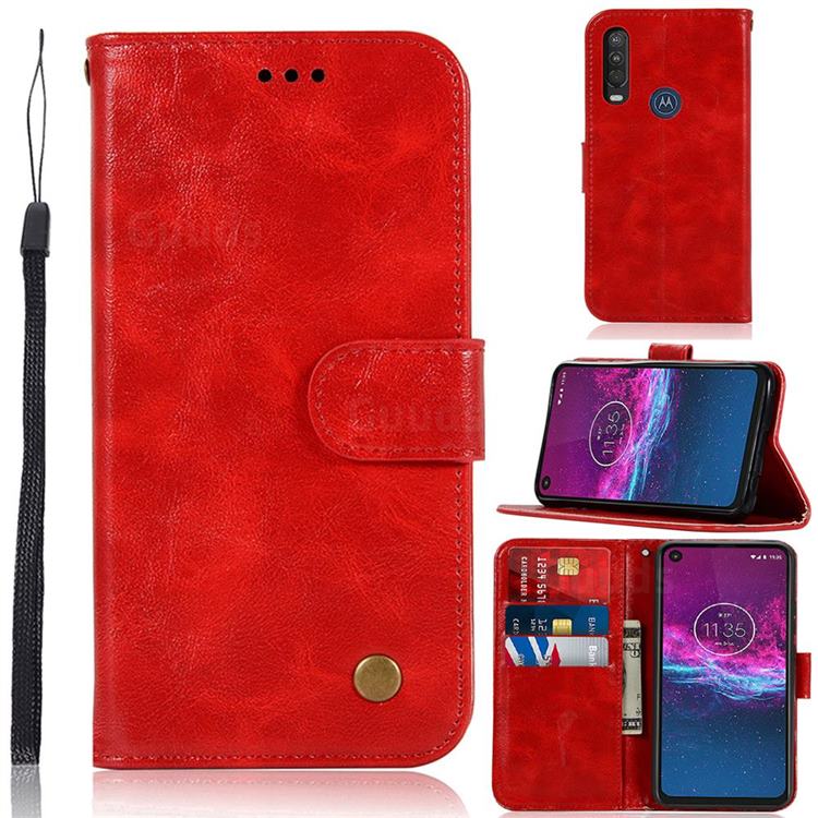 Luxury Retro Leather Wallet Case for Motorola Moto P40 Power - Red