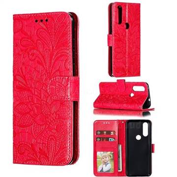 Intricate Embossing Lace Jasmine Flower Leather Wallet Case for Motorola Moto P40 Play - Red