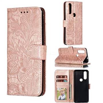Intricate Embossing Lace Jasmine Flower Leather Wallet Case for Motorola Moto P40 Play - Rose Gold