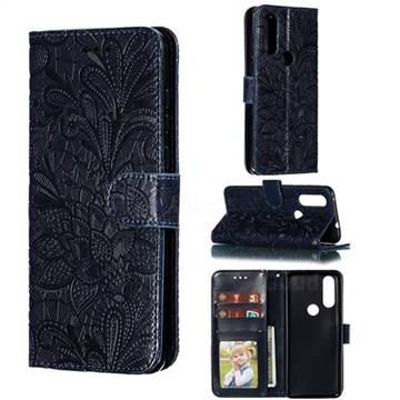 Intricate Embossing Lace Jasmine Flower Leather Wallet Case for Motorola Moto P40 Play - Dark Blue