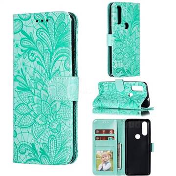 Intricate Embossing Lace Jasmine Flower Leather Wallet Case for Motorola Moto P40 Play - Green