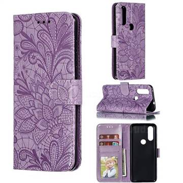 Intricate Embossing Lace Jasmine Flower Leather Wallet Case for Motorola Moto P40 Play - Purple