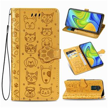 Embossing Dog Paw Kitten and Puppy Leather Wallet Case for Xiaomi Redmi 10X 4G - Yellow