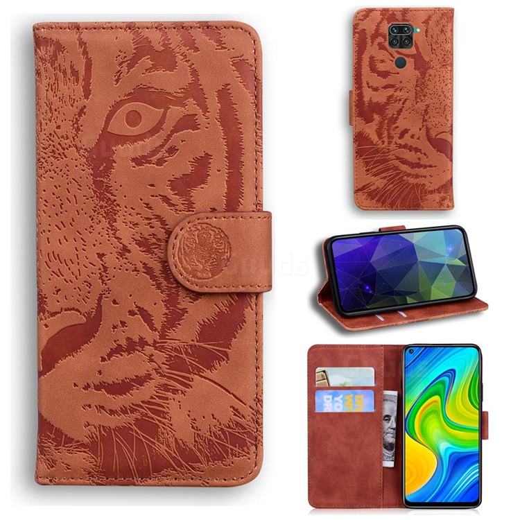 Intricate Embossing Tiger Face Leather Wallet Case for Xiaomi Redmi 10X 4G - Brown