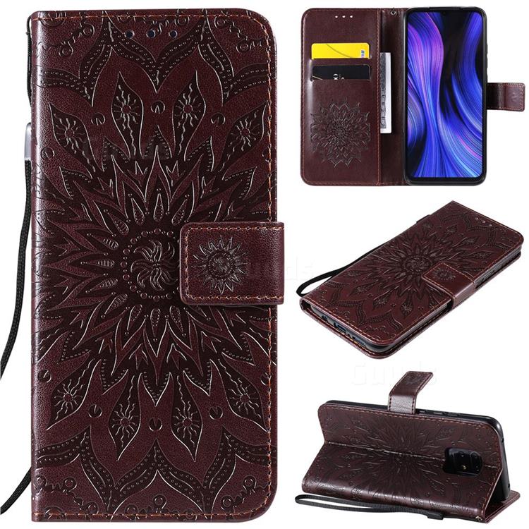 Embossing Sunflower Leather Wallet Case for Xiaomi Redmi 10X 5G - Brown