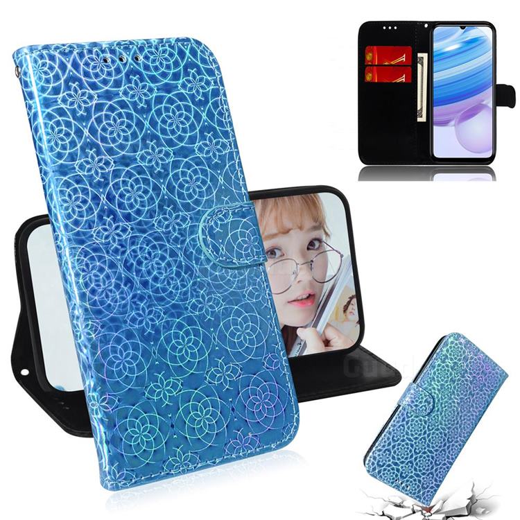 Laser Circle Shining Leather Wallet Phone Case for Xiaomi Redmi 10X 5G - Blue