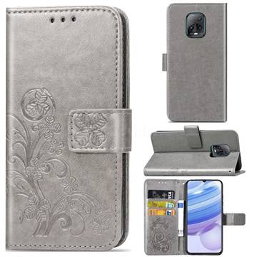 Embossing Imprint Four-Leaf Clover Leather Wallet Case for Xiaomi Redmi 10X Pro 5G - Grey