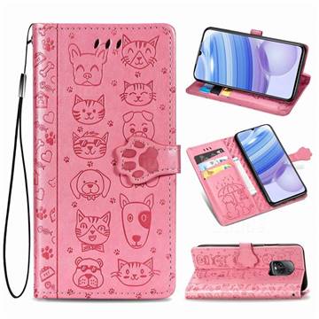 Embossing Dog Paw Kitten and Puppy Leather Wallet Case for Xiaomi Redmi 10X Pro 5G - Pink