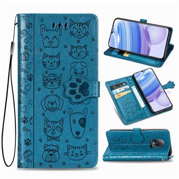 Embossing Dog Paw Kitten and Puppy Leather Wallet Case for Xiaomi Redmi 10X Pro 5G - Blue
