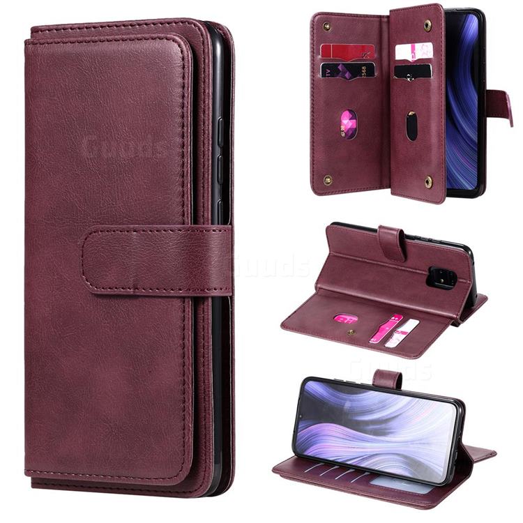 Multi-function Ten Card Slots and Photo Frame PU Leather Wallet Phone Case Cover for Xiaomi Redmi 10X Pro 5G - Claret