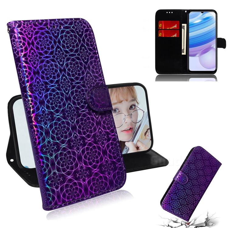 Laser Circle Shining Leather Wallet Phone Case for Xiaomi Redmi 10X Pro 5G - Purple