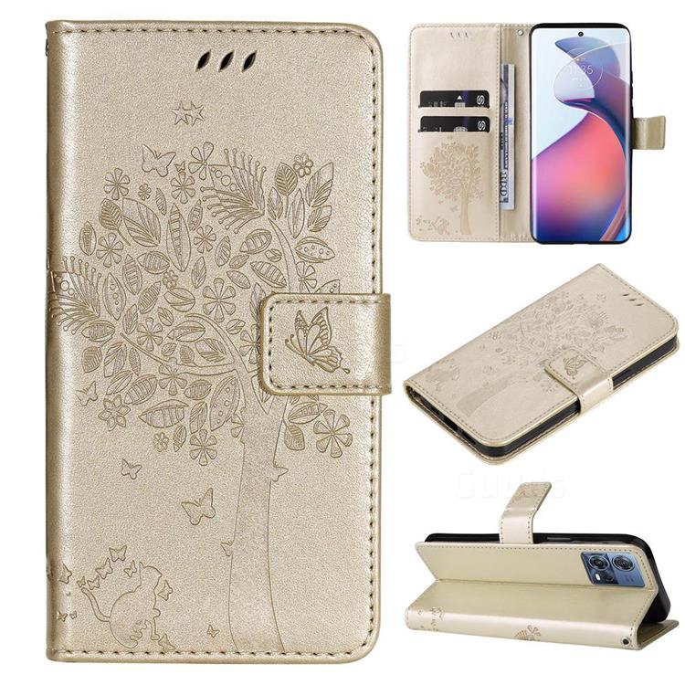 Embossing Butterfly Tree Leather Wallet Case for Motorola S30 Pro - Champagne