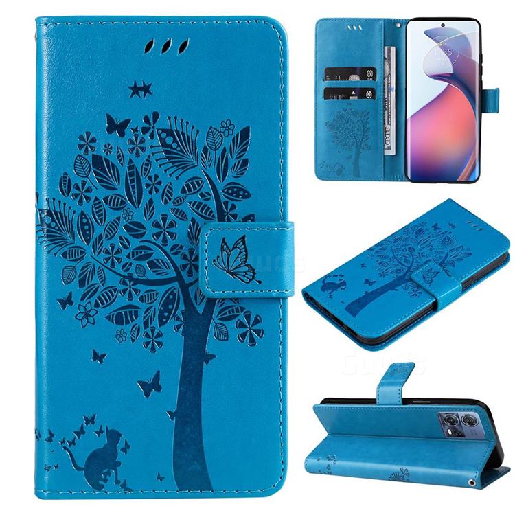 Embossing Butterfly Tree Leather Wallet Case for Motorola S30 Pro - Blue