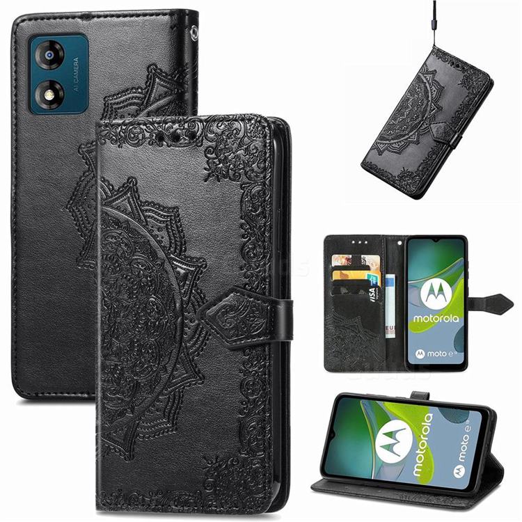 Embossing Imprint Mandala Flower Leather Wallet Case for Motorola Moto E13 - Black