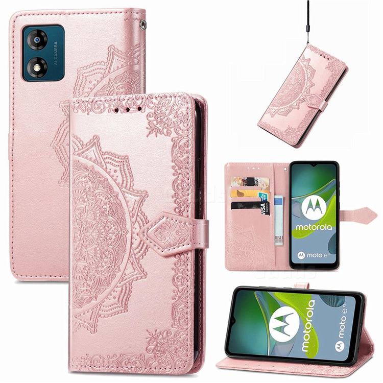 Embossing Imprint Mandala Flower Leather Wallet Case for Motorola Moto E13 - Rose Gold