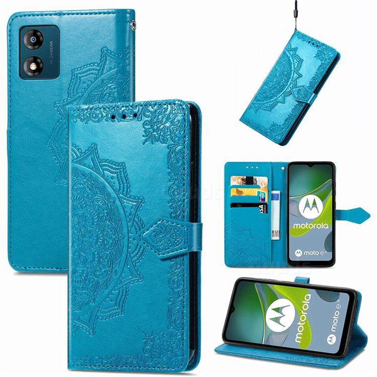 Embossing Imprint Mandala Flower Leather Wallet Case for Motorola Moto E13 - Blue