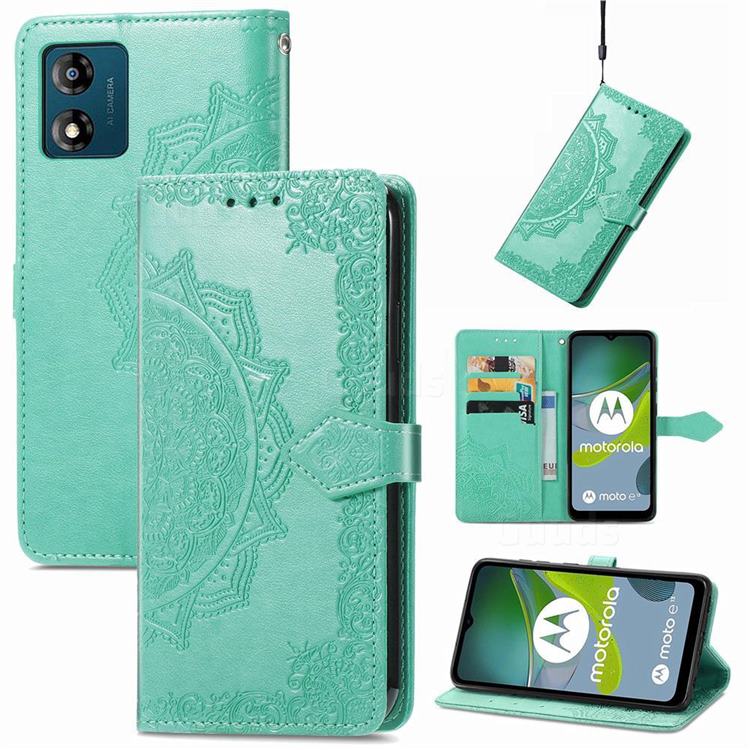 Embossing Imprint Mandala Flower Leather Wallet Case for Motorola Moto E13 - Green