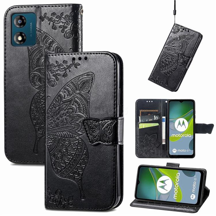 Embossing Mandala Flower Butterfly Leather Wallet Case for Motorola Moto E13 - Black