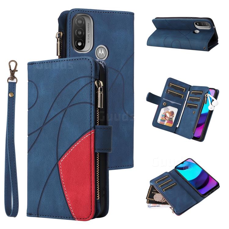 Luxury Two-color Stitching Multi-function Zipper Leather Wallet Case Cover for Motorola Moto E20 E30 E40 - Blue