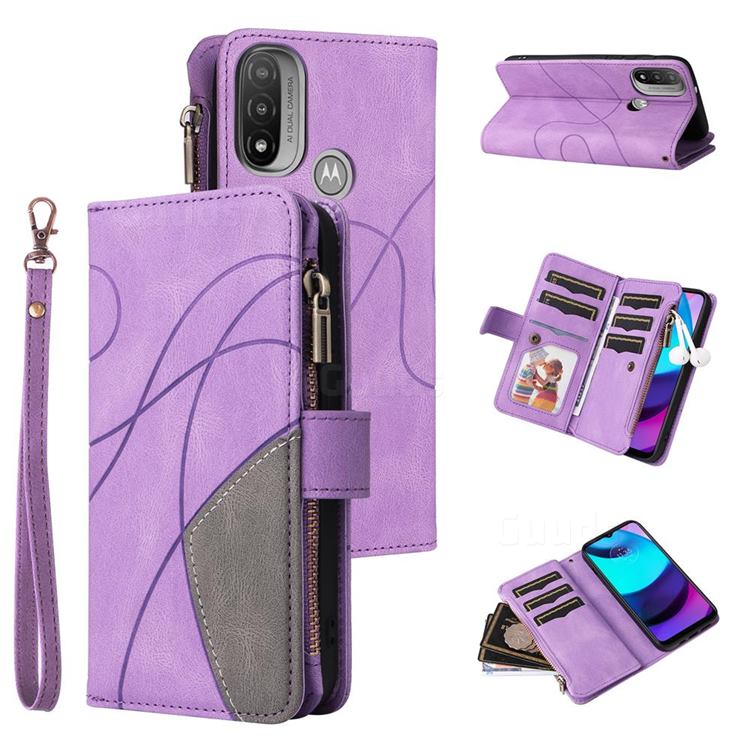 Luxury Two-color Stitching Multi-function Zipper Leather Wallet Case Cover for Motorola Moto E20 E30 E40 - Purple