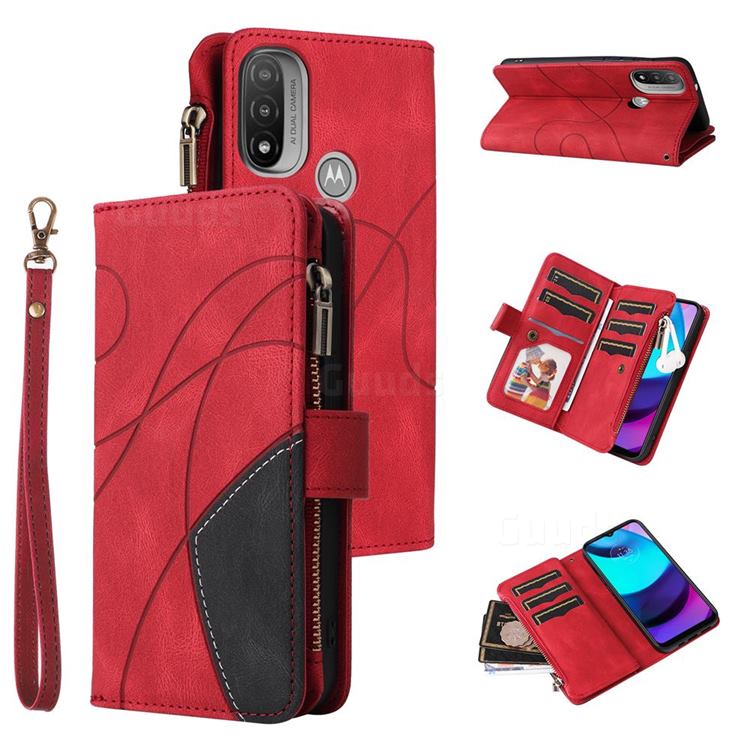 Luxury Two-color Stitching Multi-function Zipper Leather Wallet Case Cover for Motorola Moto E20 E30 E40 - Red