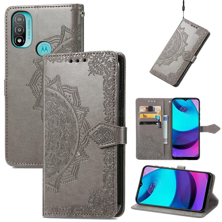 Embossing Imprint Mandala Flower Leather Wallet Case for Motorola Moto E20 E30 E40 - Gray