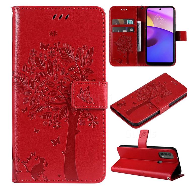 Embossing Butterfly Tree Leather Wallet Case for Motorola Moto E20 E30 E40 - Red