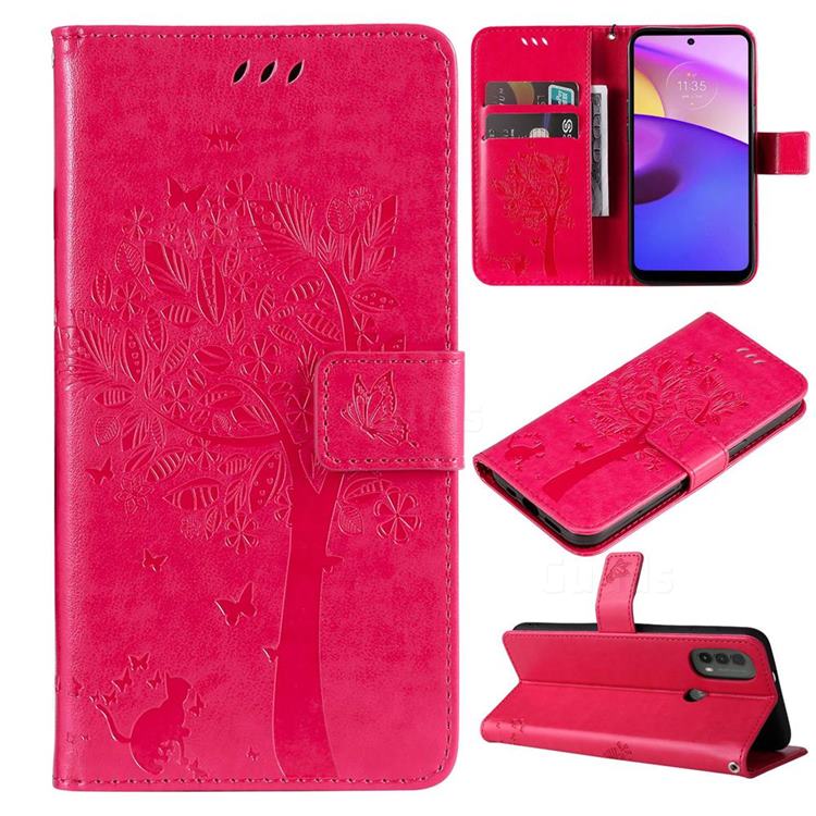 Embossing Butterfly Tree Leather Wallet Case for Motorola Moto E20 E30 E40 - Rose