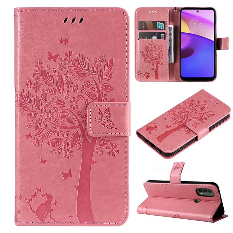Embossing Butterfly Tree Leather Wallet Case for Motorola Moto E20 E30 E40 - Pink