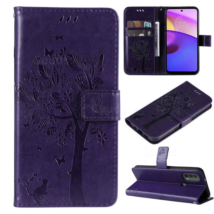 Embossing Butterfly Tree Leather Wallet Case for Motorola Moto E20 E30 E40 - Purple