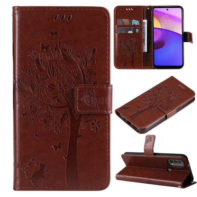 Embossing Butterfly Tree Leather Wallet Case for Motorola Moto E20 E30 E40 - Coffee