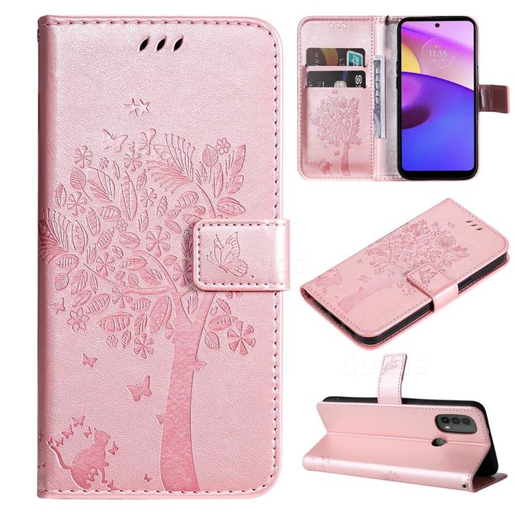 Embossing Butterfly Tree Leather Wallet Case for Motorola Moto E20 E30 E40 - Rose Pink