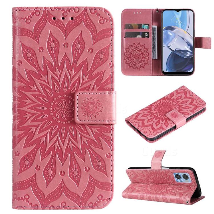 Embossing Sunflower Leather Wallet Case for Motorola Moto E22 - Pink