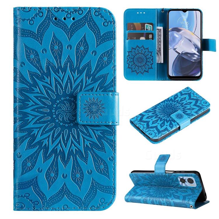 Embossing Sunflower Leather Wallet Case for Motorola Moto E22 - Blue