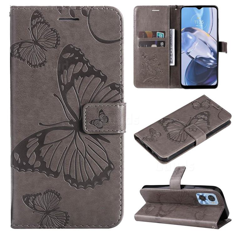 Embossing 3D Butterfly Leather Wallet Case for Motorola Moto E22 - Gray