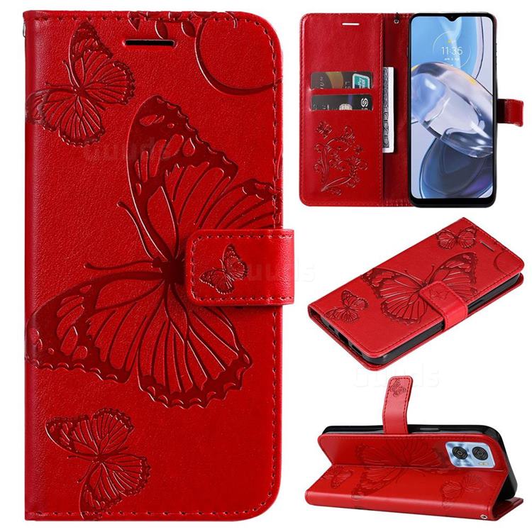 Embossing 3D Butterfly Leather Wallet Case for Motorola Moto E22 - Red