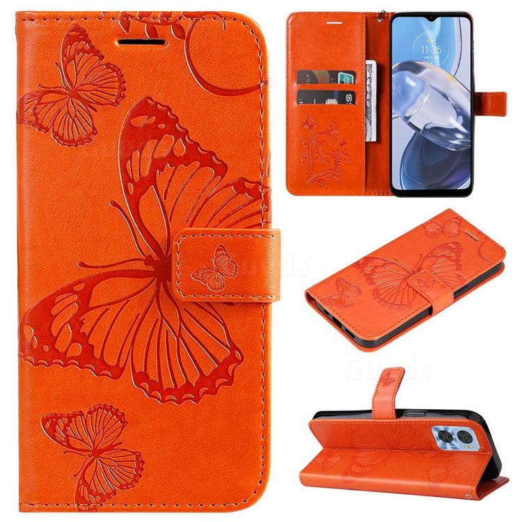 Embossing 3D Butterfly Leather Wallet Case for Motorola Moto E22 - Orange