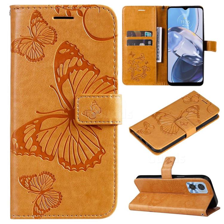 Embossing 3D Butterfly Leather Wallet Case for Motorola Moto E22 - Yellow