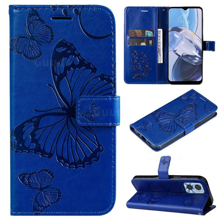 Embossing 3D Butterfly Leather Wallet Case for Motorola Moto E22 - Blue