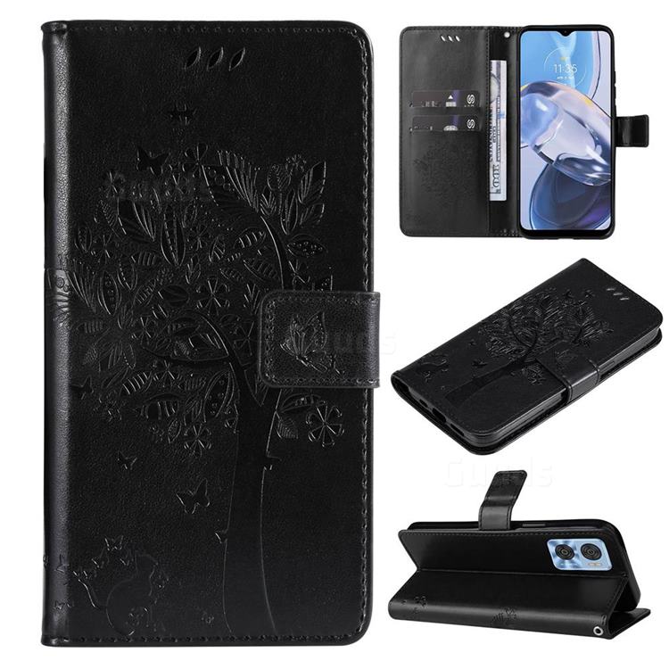 Embossing Butterfly Tree Leather Wallet Case for Motorola Moto E22 - Black