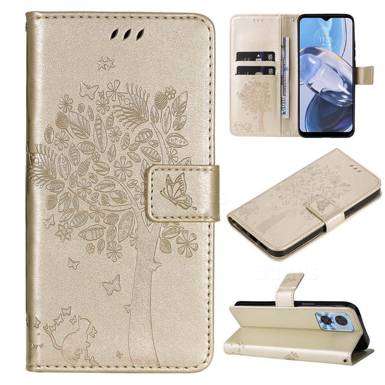 Embossing Butterfly Tree Leather Wallet Case for Motorola Moto E22 - Champagne