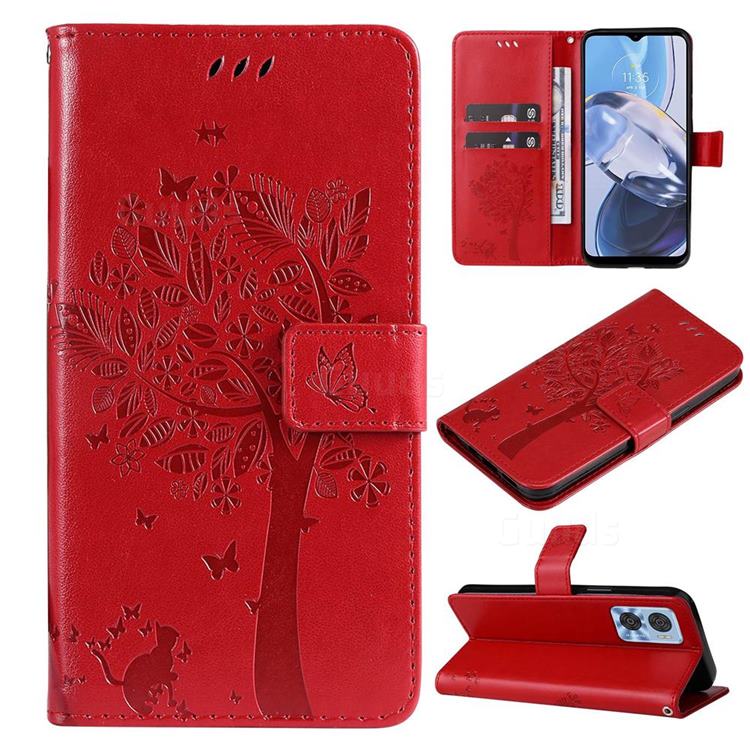 Embossing Butterfly Tree Leather Wallet Case for Motorola Moto E22 - Red