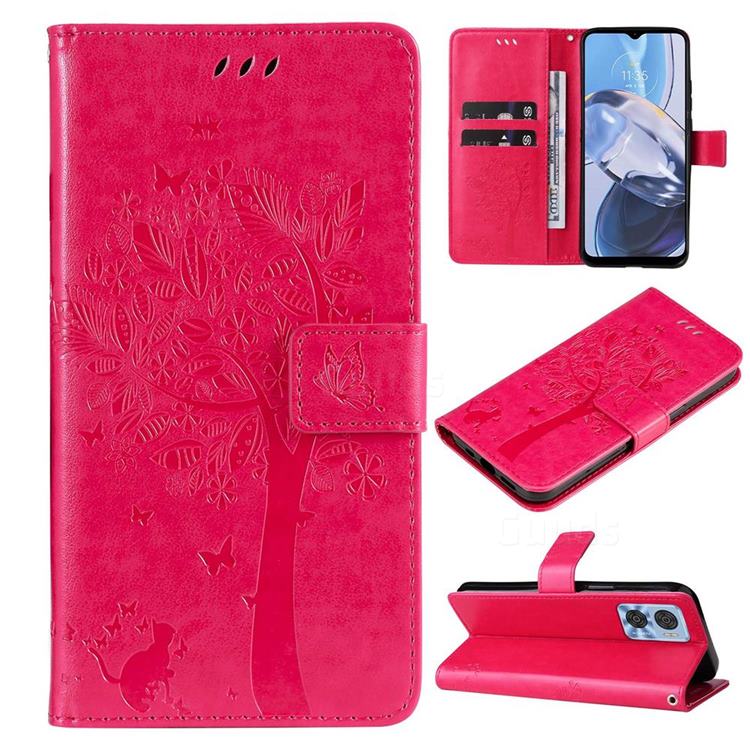 Embossing Butterfly Tree Leather Wallet Case for Motorola Moto E22 - Rose