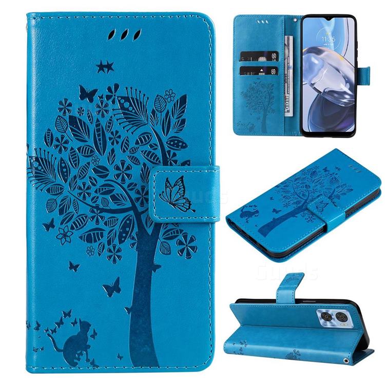 Embossing Butterfly Tree Leather Wallet Case for Motorola Moto E22 - Blue