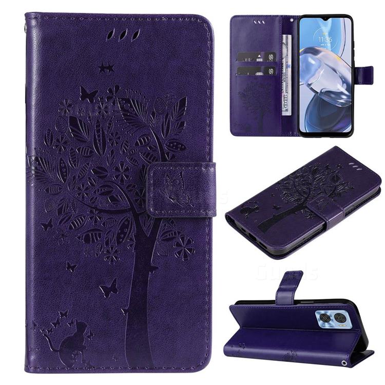 Embossing Butterfly Tree Leather Wallet Case for Motorola Moto E22 - Purple