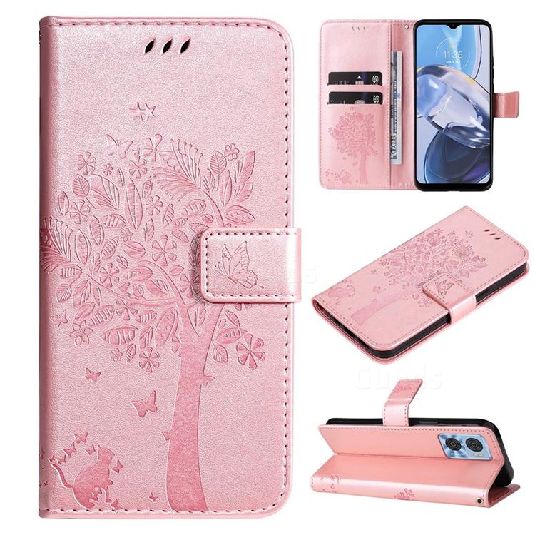 Embossing Butterfly Tree Leather Wallet Case for Motorola Moto E22 - Rose Pink