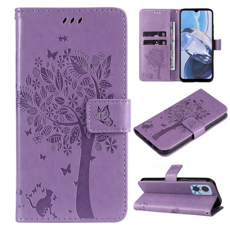 Embossing Butterfly Tree Leather Wallet Case for Motorola Moto E22 - Violet