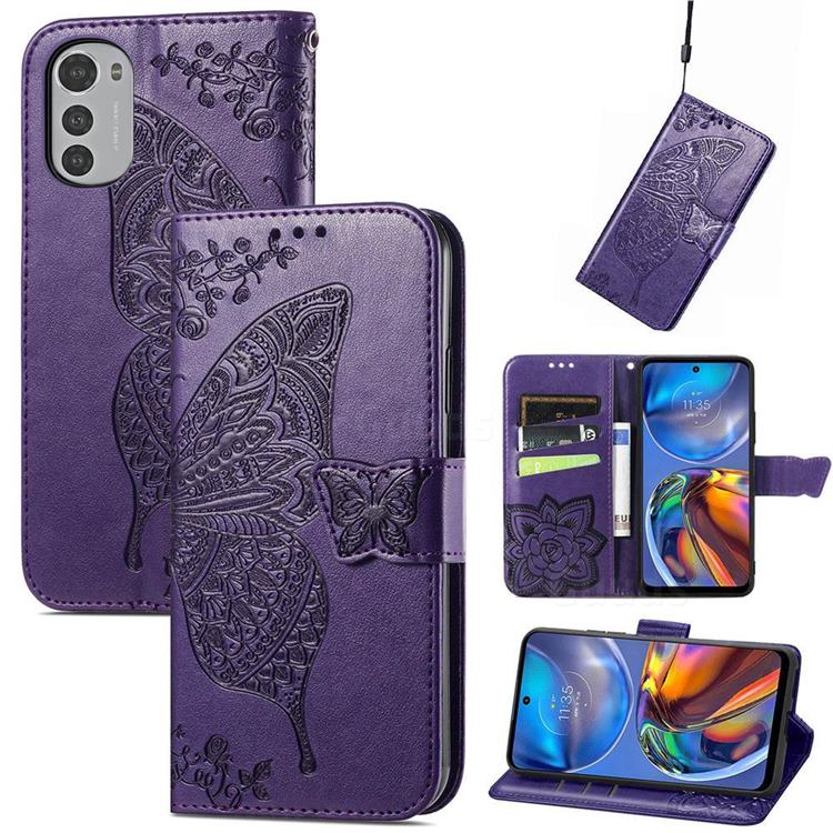 Embossing Mandala Flower Butterfly Leather Wallet Case for Motorola Moto E32 - Dark Purple