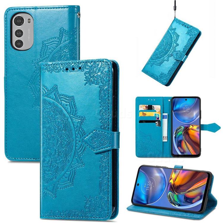 Embossing Imprint Mandala Flower Leather Wallet Case for Motorola Moto E32 - Blue