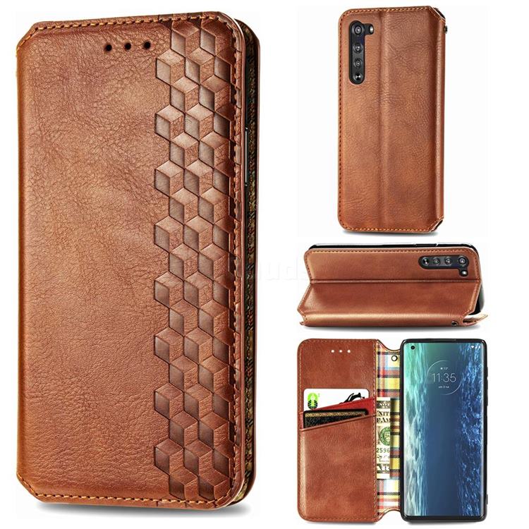 Ultra Slim Fashion Business Card Magnetic Automatic Suction Leather Flip Cover for Moto Motorola Edge - Brown